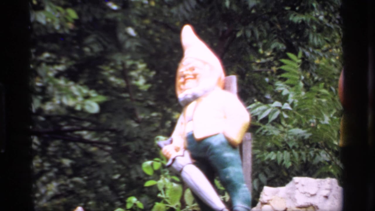 Garden gnome statue in soft focus with shrubs behind it.