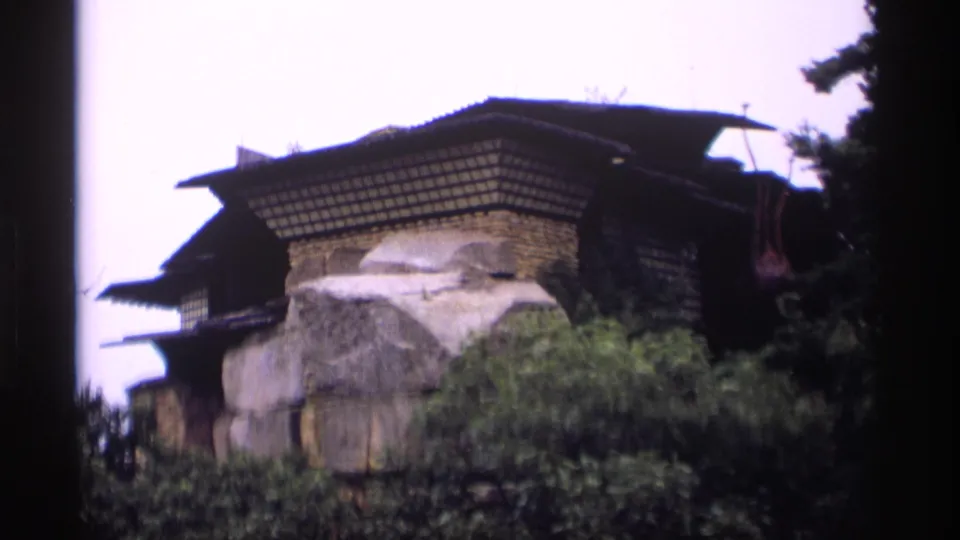 Visitor-shot 1969 Wisconsin view of a rustic stone-and-wood building partially obscured by shrubs and trees.