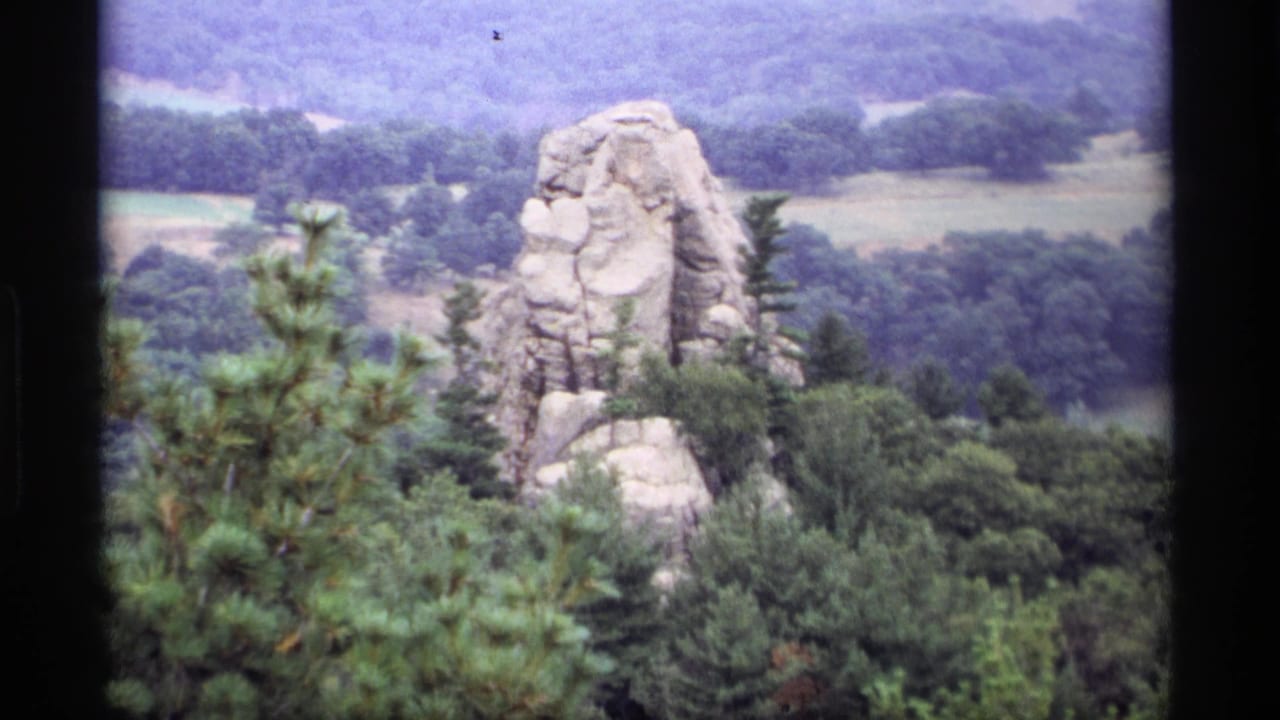 Tall pale rock formation rising above forested hills with pine branches in the foreground.