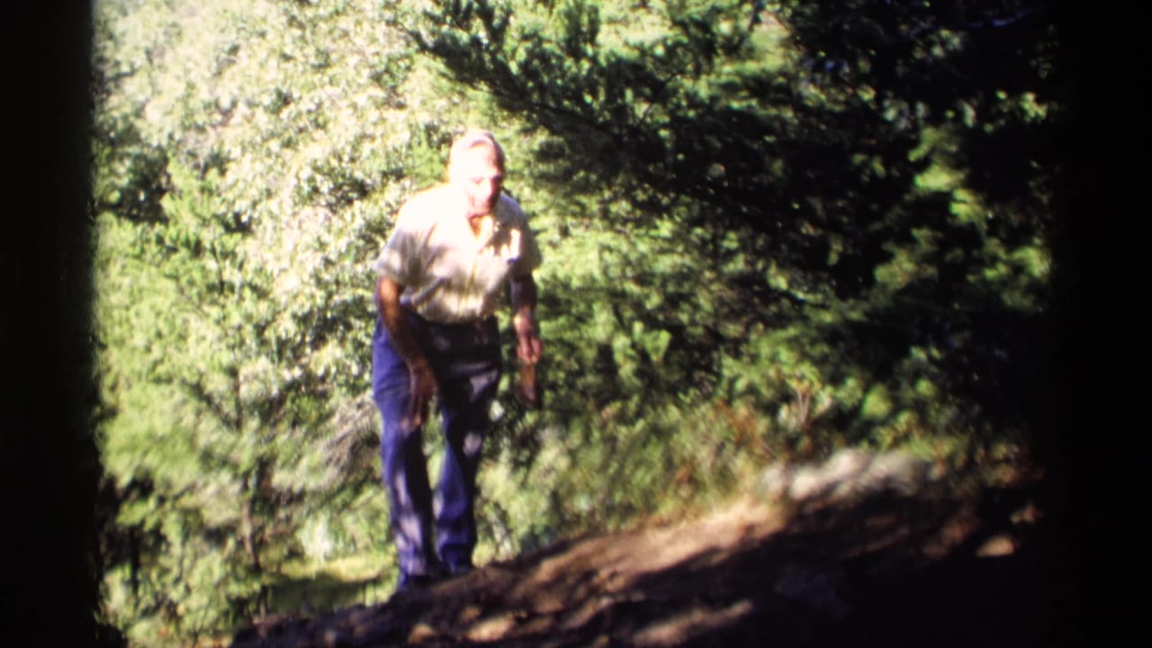 Elderly man hiking uphill on a rocky wooded trail.
