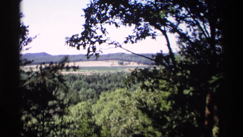 A scenic Wisconsin overlook shows forest, valley fields, and distant hills framed by dark tree branches.