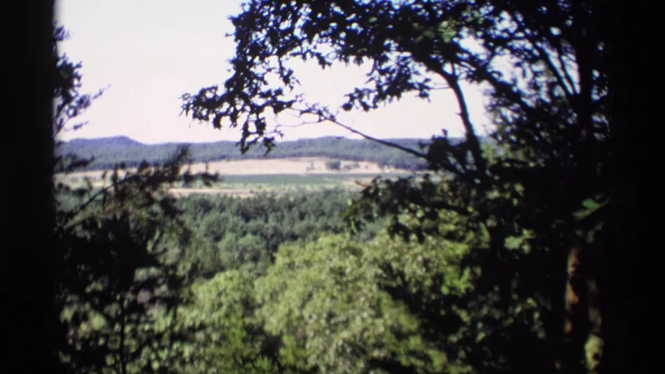 The clip ends on a wooded Wisconsin landscape with rolling hills and open fields visible beyond the trees.