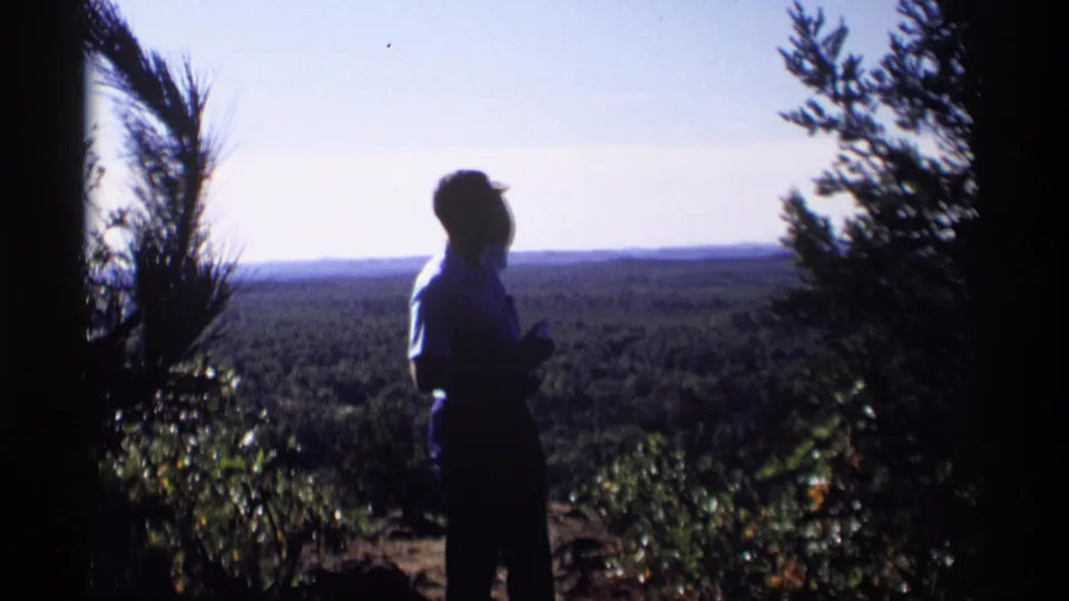 A side profile of the man appears in silhouette as he looks across the forested Wisconsin valley in soft 8mm color.