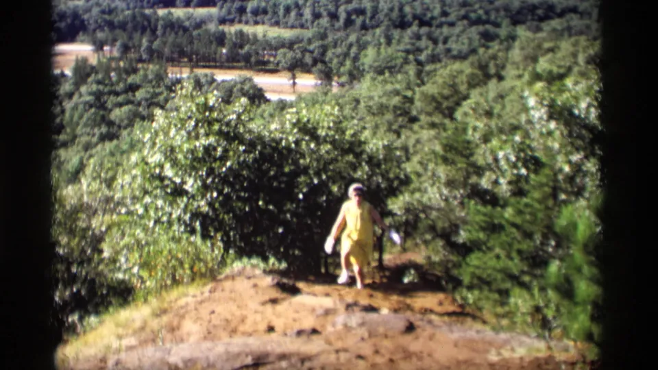A woman in a bright yellow dress walks through Wisconsin woods in 1969, with brush, trees, and distant open land behind her.