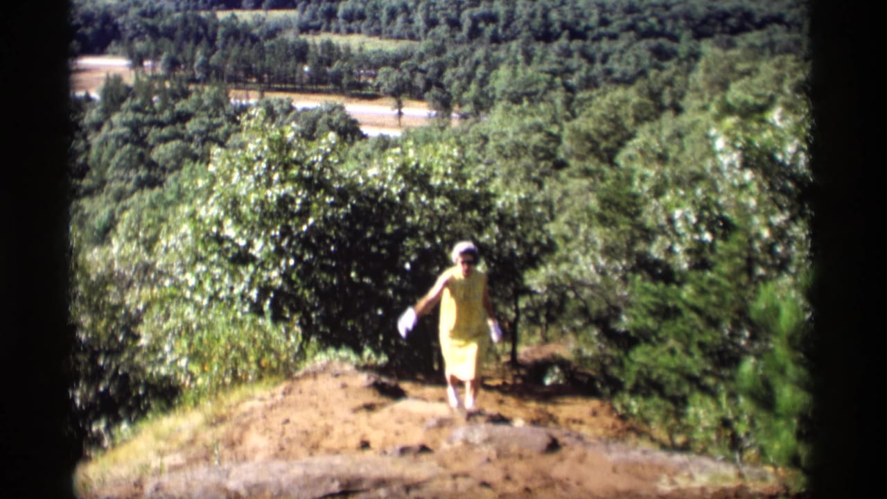 Woman in yellow dress walking closer along a dirt path among trees.