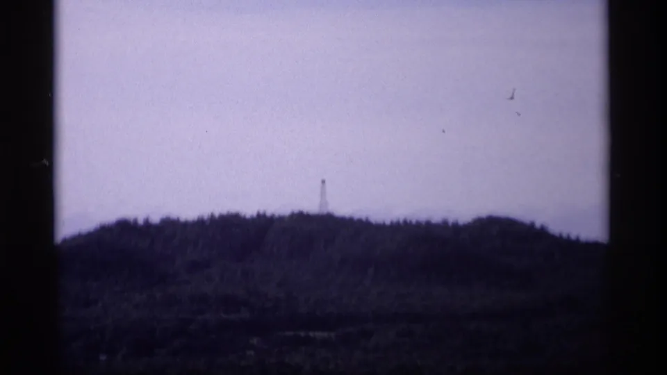 A wide landscape view shows a dark wooded ridge beneath a pale sky, with a small tower visible on the horizon.