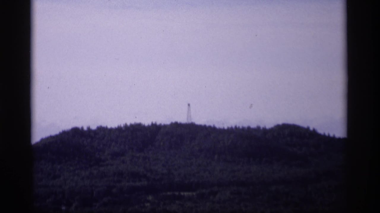 Distant wooded hill under a pale sky with a thin tower on the horizon.