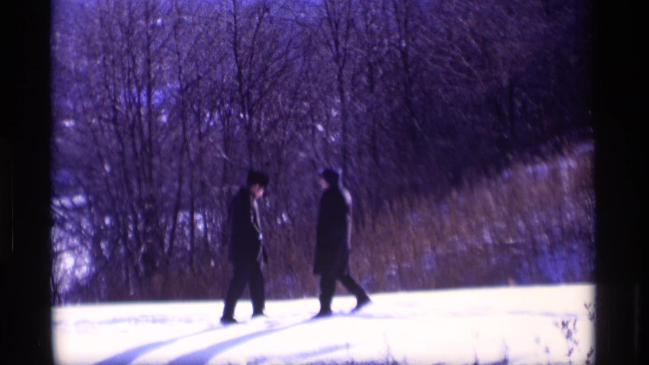 Two men stand or walk facing each other on a snowy rise near winter brush.