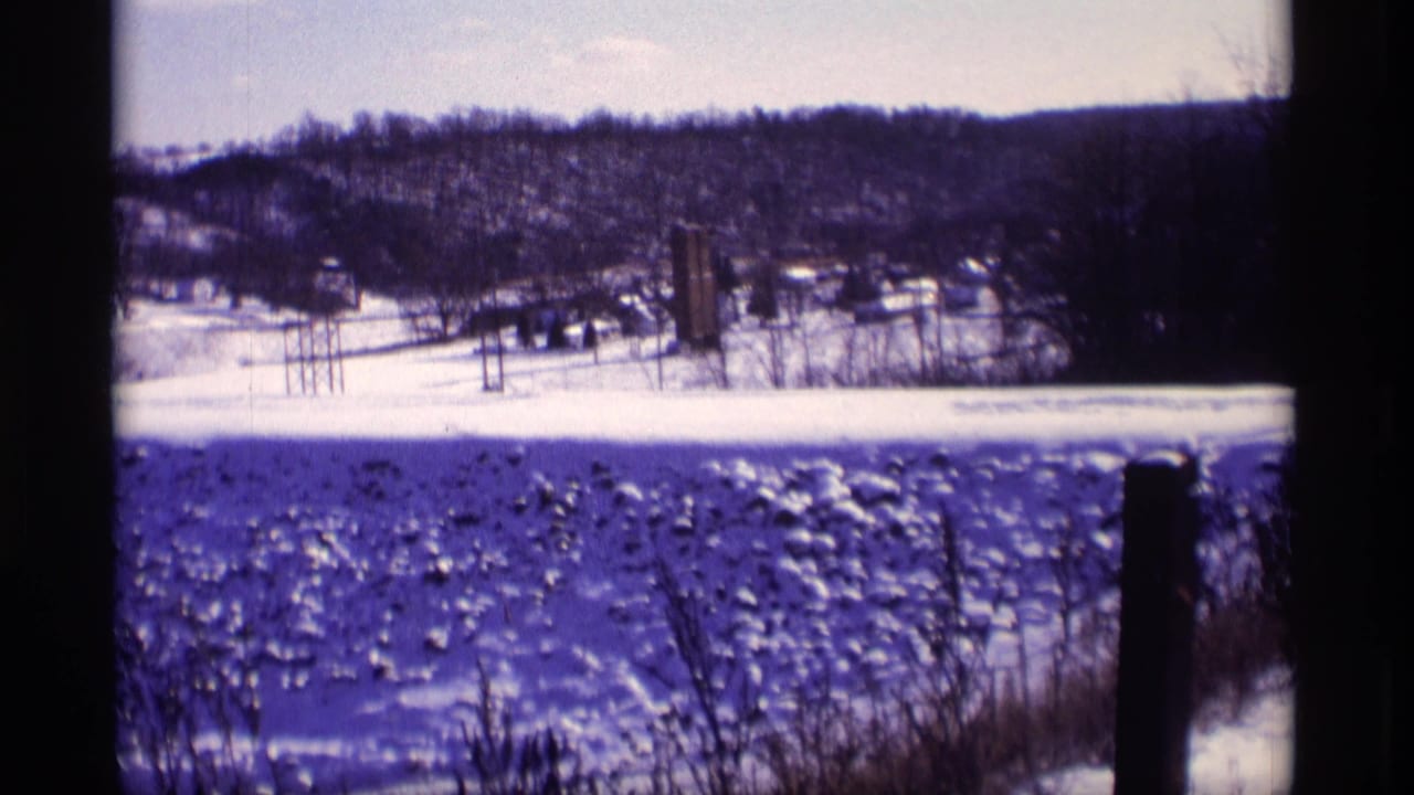 Snowy reservoir landscape with bare trees and a dark foreground post.