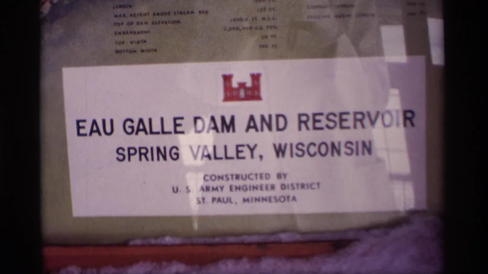 Official Eau Galle Dam and Reservoir sign in Spring Valley, Wisconsin, noting construction by the U.S. Army Engineer District.