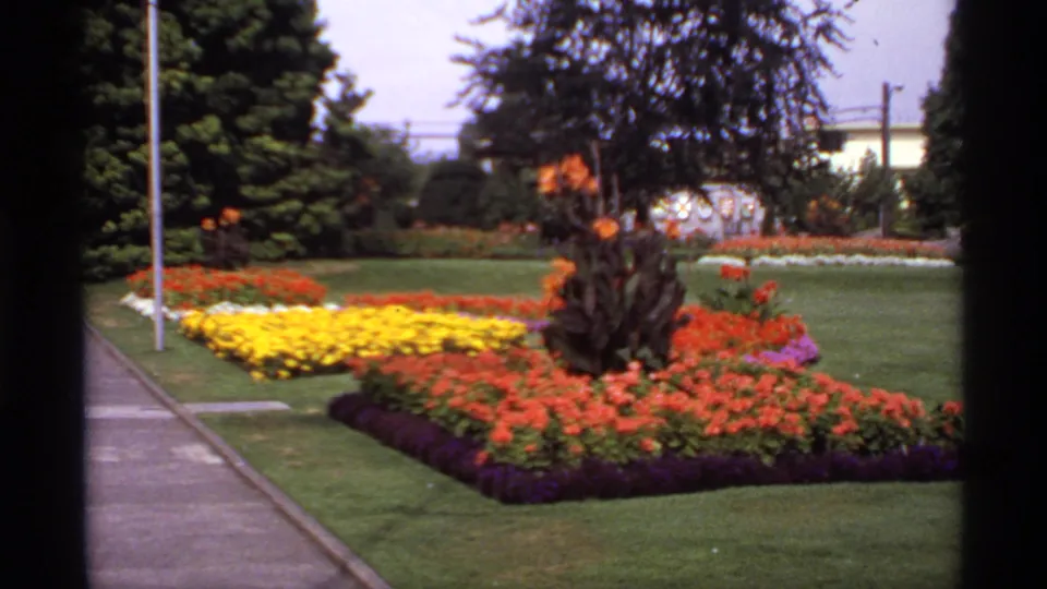 1974 Canadian travel footage cuts to a maintained garden with yellow, orange, red, and purple flower beds near a walkway and lawn.