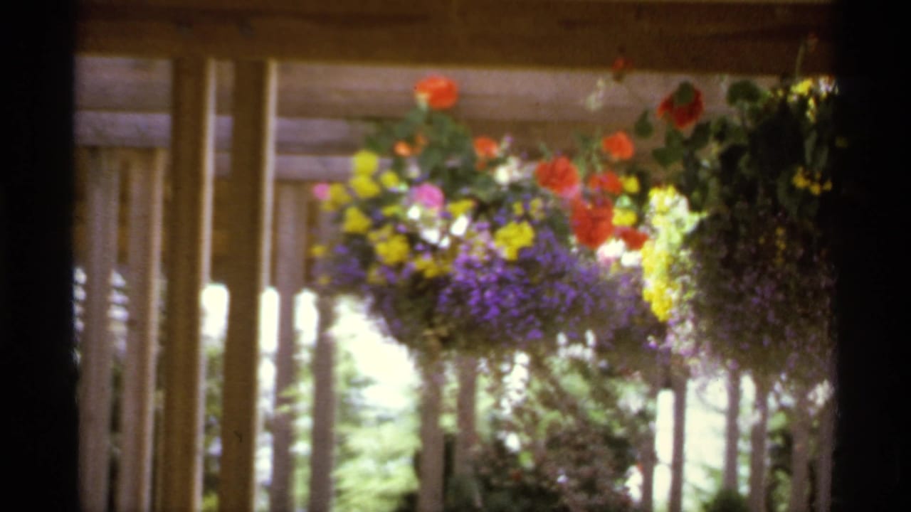 1974 Canadian 8mm frame showing colorful hanging flower baskets on a porch, with vertical posts and greenery behind.