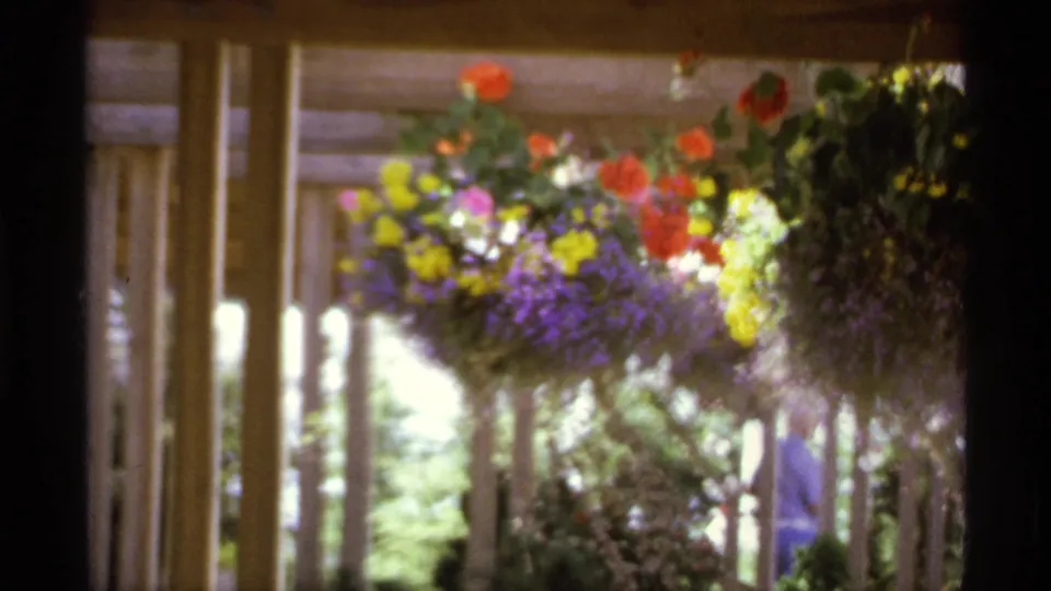 1974 Canadian 8mm frame of hanging porch flowers, wooden posts, trees, and a distant person passing in the background.
