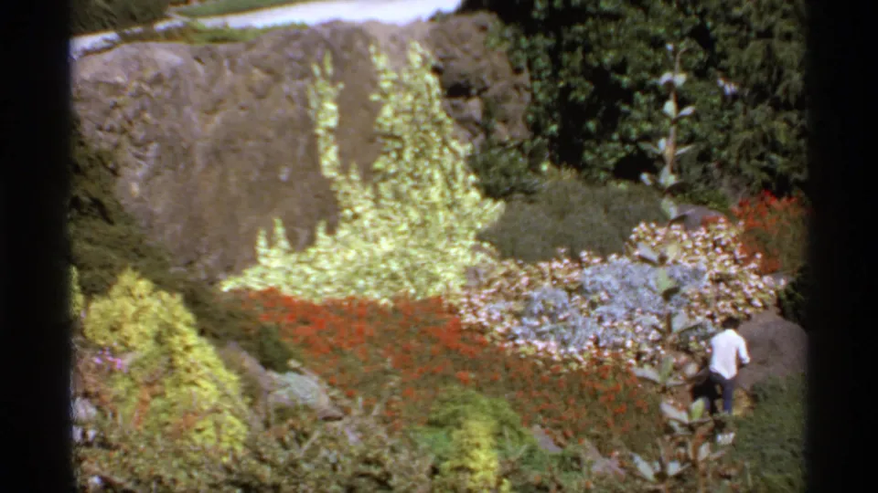 1974 Canadian 8mm garden frame showing planted beds around a rock face, with one person moving near the lower-right edge.