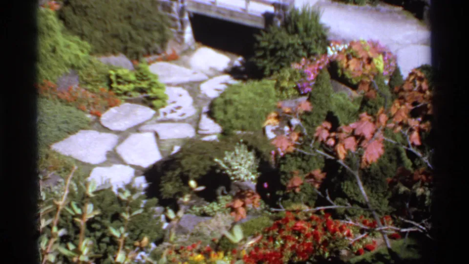 1974 Canadian 8mm frame looking down on a landscaped path bordered by shrubs, red flowers, rocks, and leafy plants.