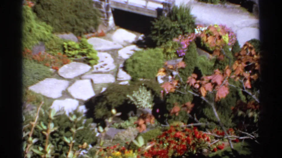 1974 Canadian garden frame with winding stone path, mixed flower beds, rock borders, shrubs, and reddish leaves.