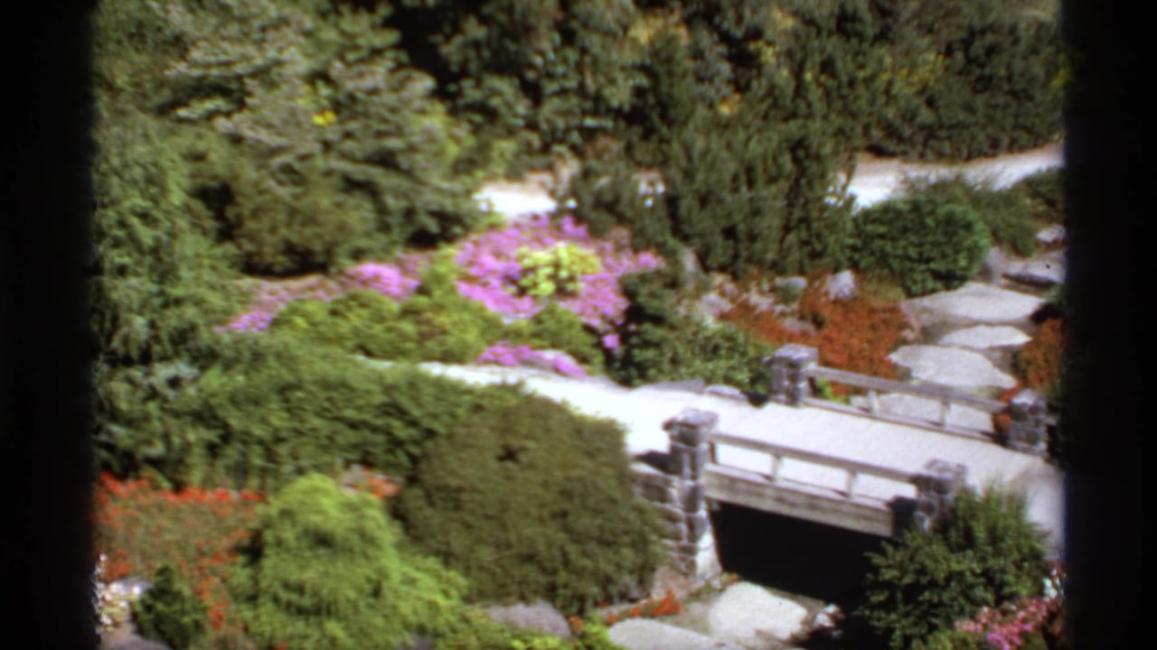 Landscaped garden with a small stone bridge, winding paths, shrubs, and bright flower beds.
