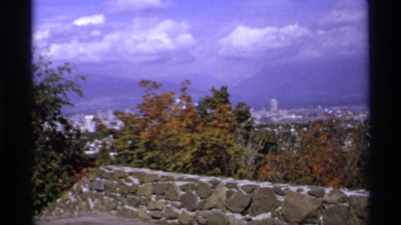 City skyline and distant mountains beyond autumn trees and a stone wall.