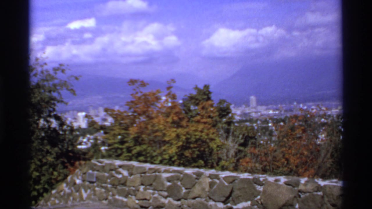 Distant mountains and city buildings seen over trees and a stone wall.