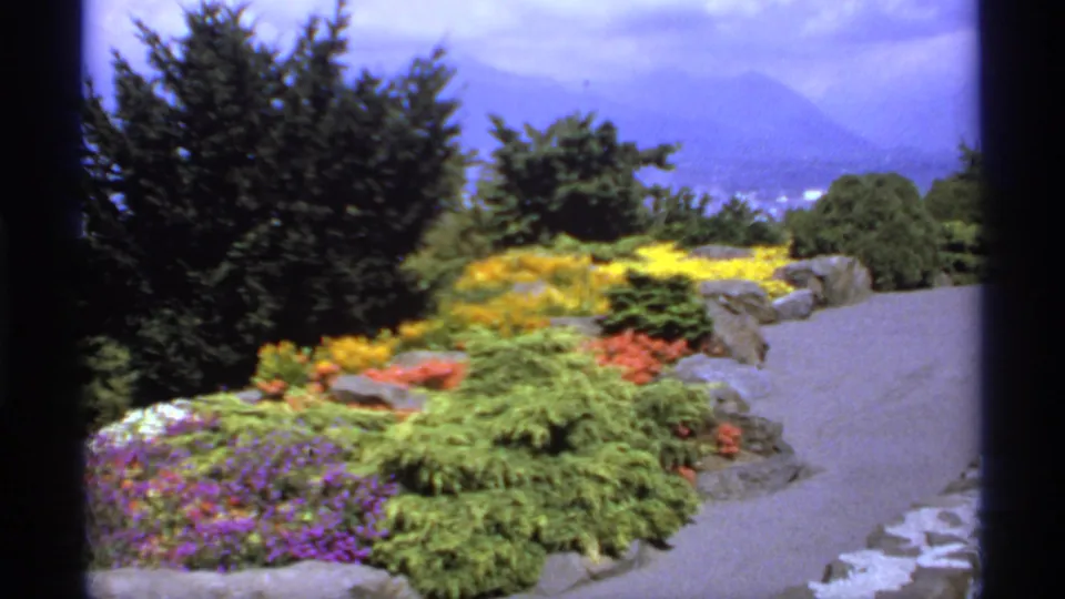 1974 Canada 8mm frame of landscaped flower beds, shrubs, a paved path, trees, and hazy mountains in the distance.