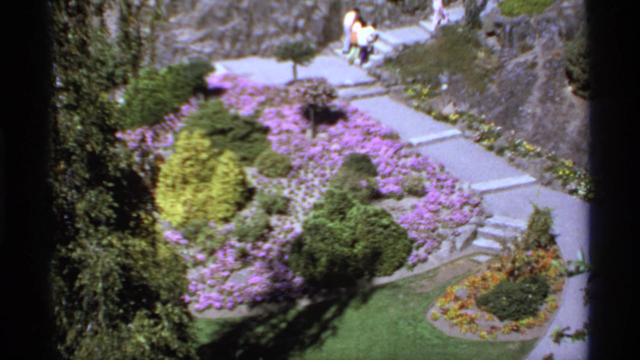 Garden path curves around purple flowerbeds with shrubs and visitors near the upper walkway.