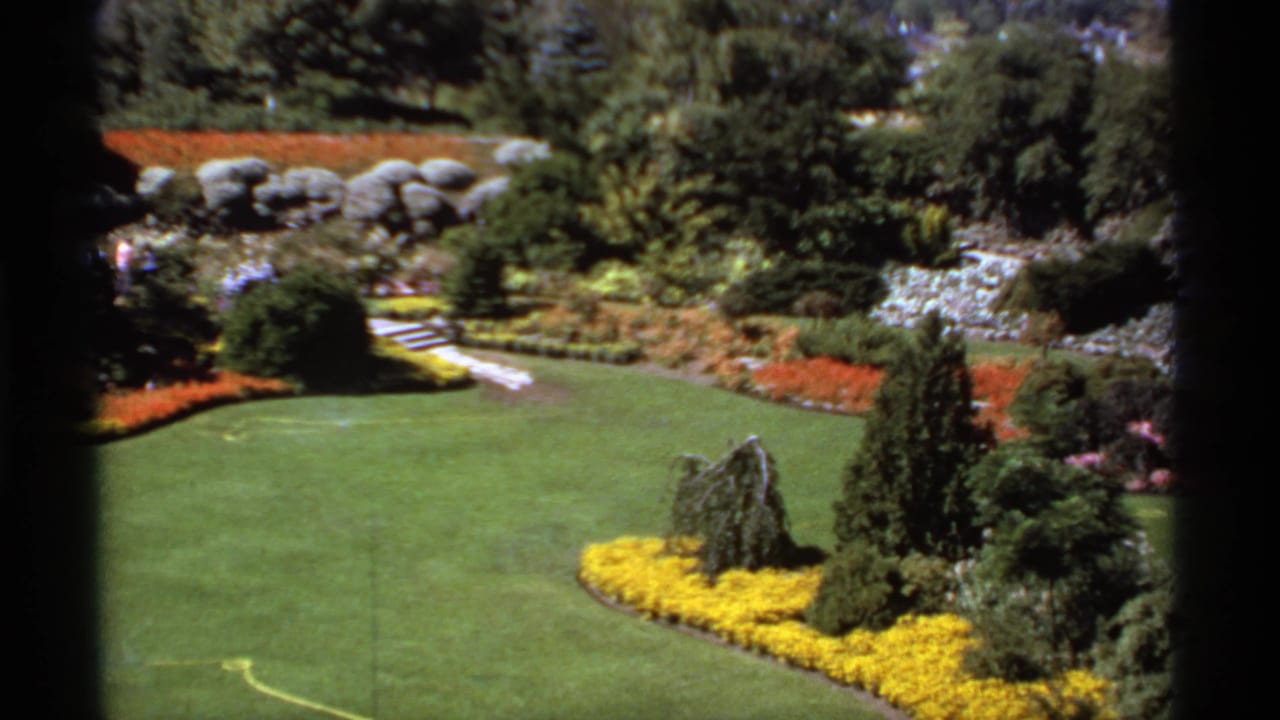 Manicured lawn bordered by flowerbeds, shrubs, trees, rocks, and garden paths.