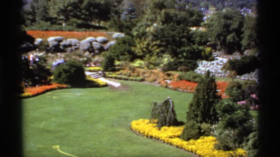 1974 Canada 8mm view of a wide landscaped garden lawn with bright yellow flowers, red beds, shrubs, rocks, trees, and crossing paths.