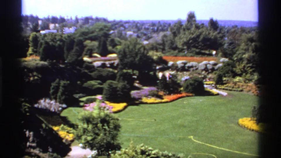 1974 Canadian 8mm view of a manicured garden with broad lawn, bright planting beds, shrubs, footpaths, and suburban houses beyond the trees.