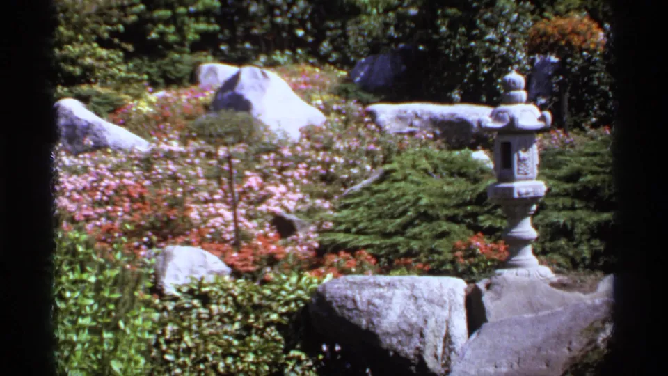1974 Canada 8mm frame with a stone lantern near pale rocks, pink flowers, and layered green plantings.