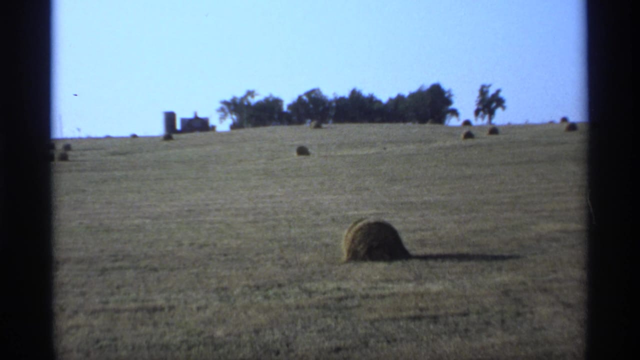 Rolling field with round hay bales, distant trees, and farm structures on the horizon.