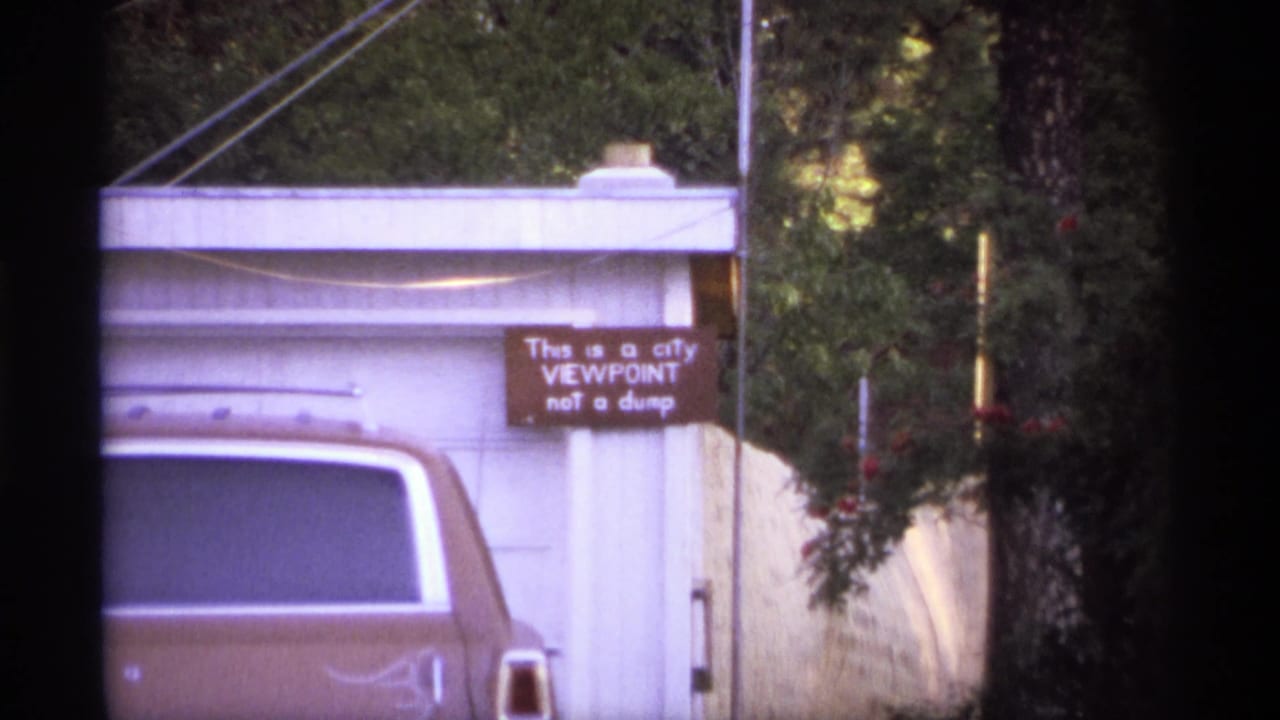 Brown car parked before a white garage with a city viewpoint sign beside trees.