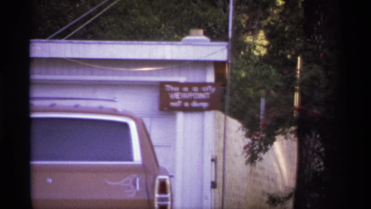 Brown station wagon parked near a white building with a small viewpoint warning sign.