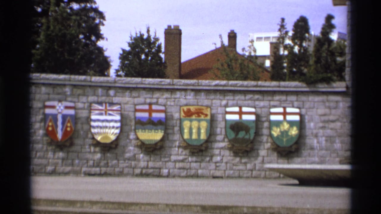 Stone wall with multiple colorful coats of arms and dark film-frame borders.