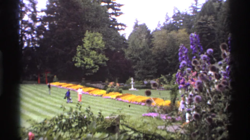 1974 Vancouver 8mm frame showing a striped lawn, yellow and purple flower beds, mature trees, and distant park visitors.