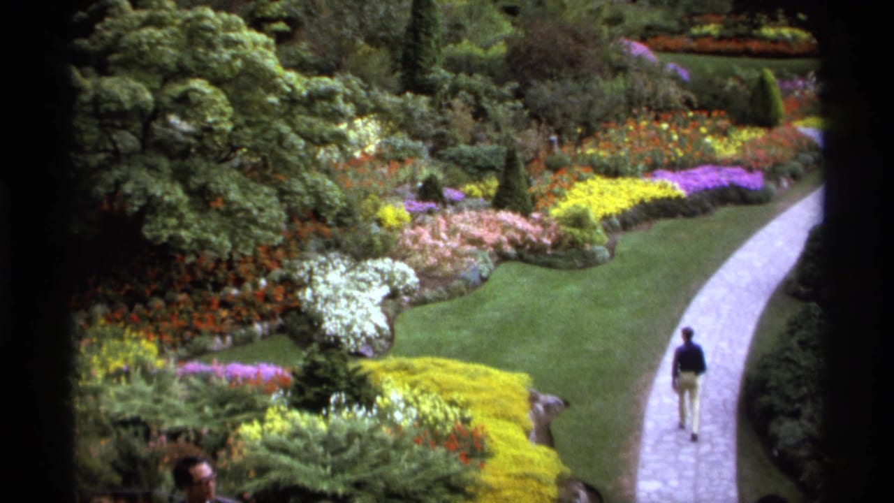 Visitor walking farther along a stone path through flower beds and trees.