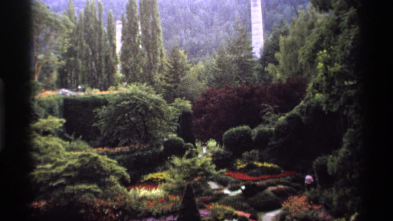 1974 Vancouver home-movie view of a lush landscaped garden with clipped shrubs, flower beds, tall trees, hillside, and a distant white tower.