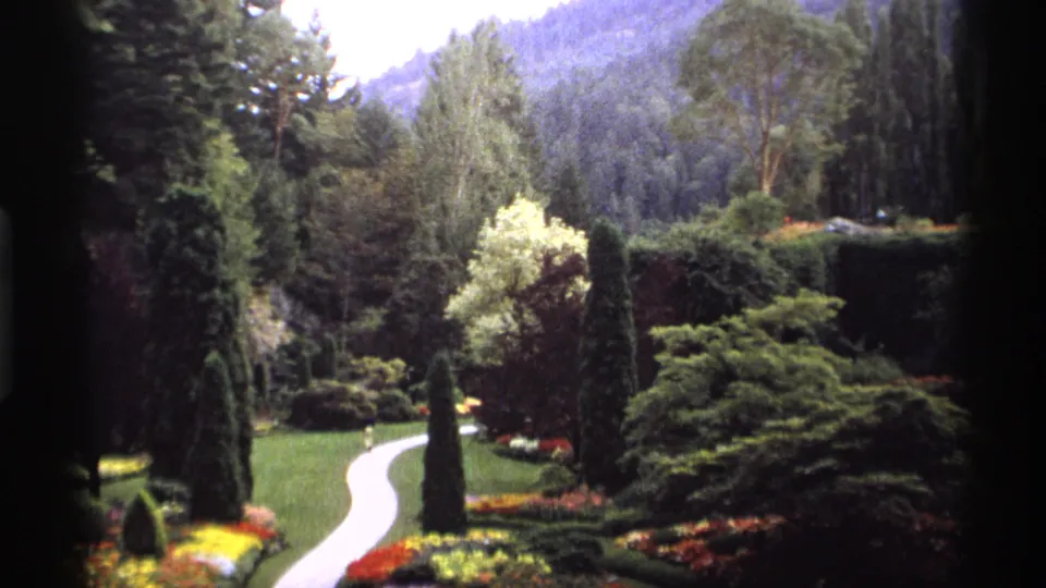 1974 Vancouver home-movie frame with a winding garden path, bright flower beds, sculpted shrubs, tall narrow trees, and wooded hills beyond.