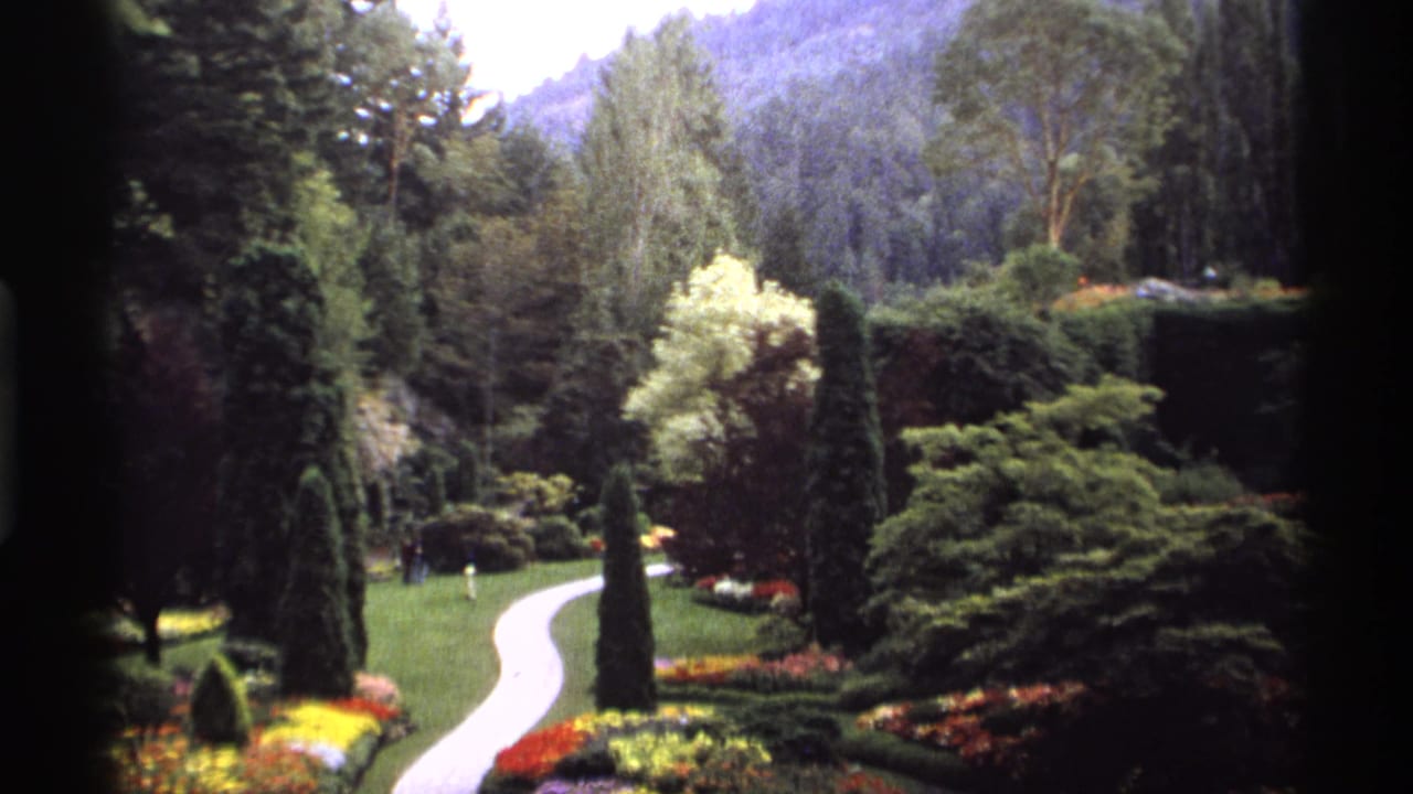 Winding white path through a landscaped garden with flowers, trees, and mountains behind.