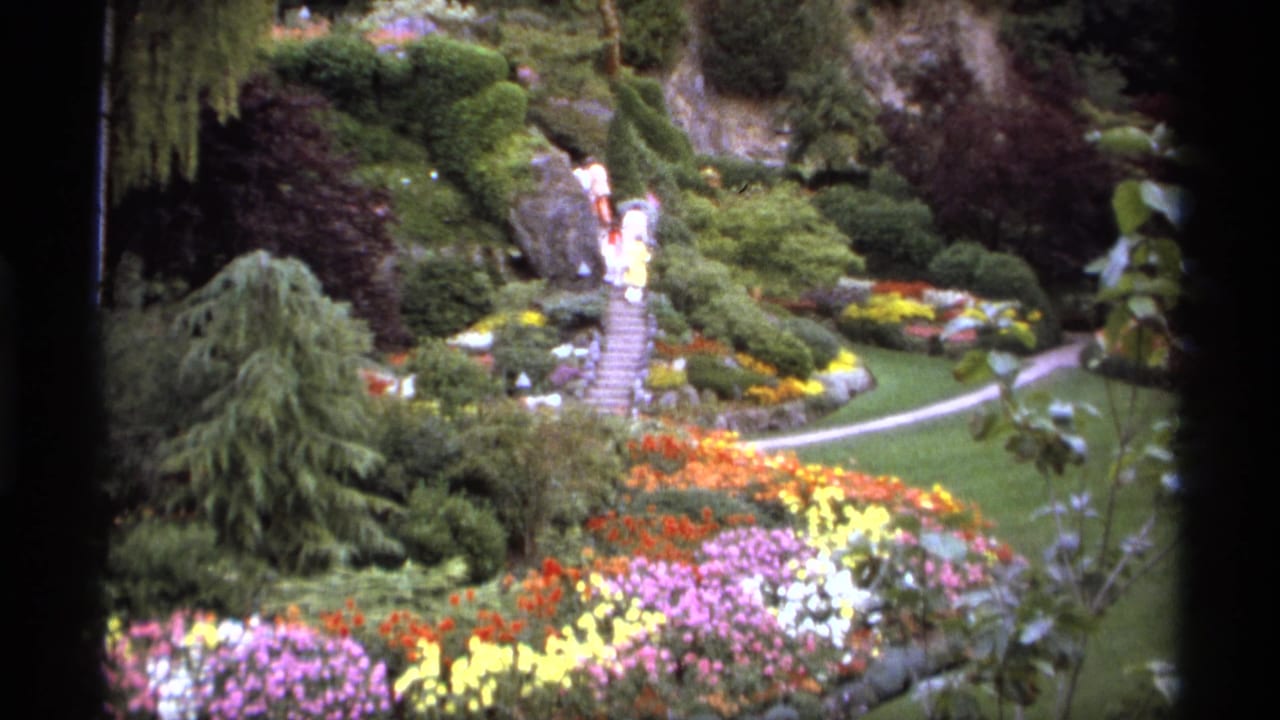Terraced garden with bright flowers, shrubs, stone steps, and visitors near the upper path.