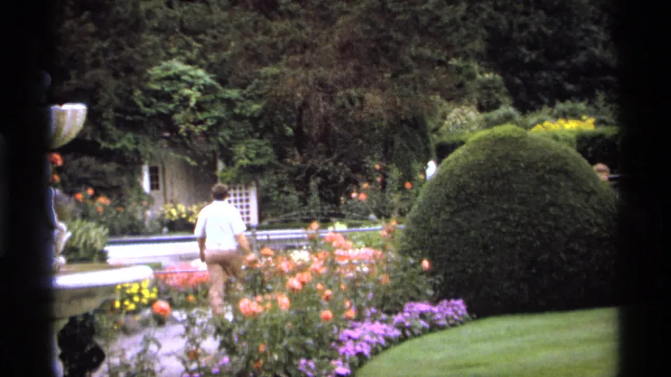 1974 Vancouver 8mm frame showing a man from behind on a path among rose beds, purple flowers, clipped shrubs, and a fountain edge.