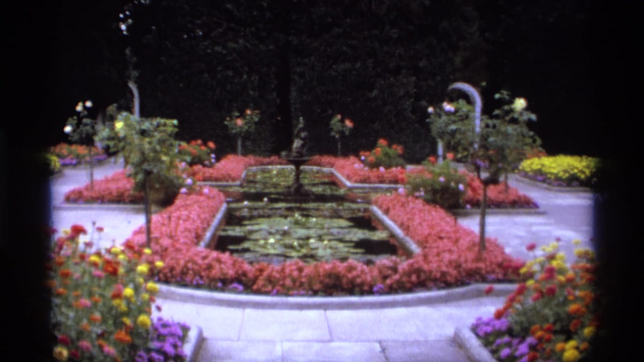 Formal garden with a rectangular lily pond, pink flower beds, paths, and colorful foreground blooms.