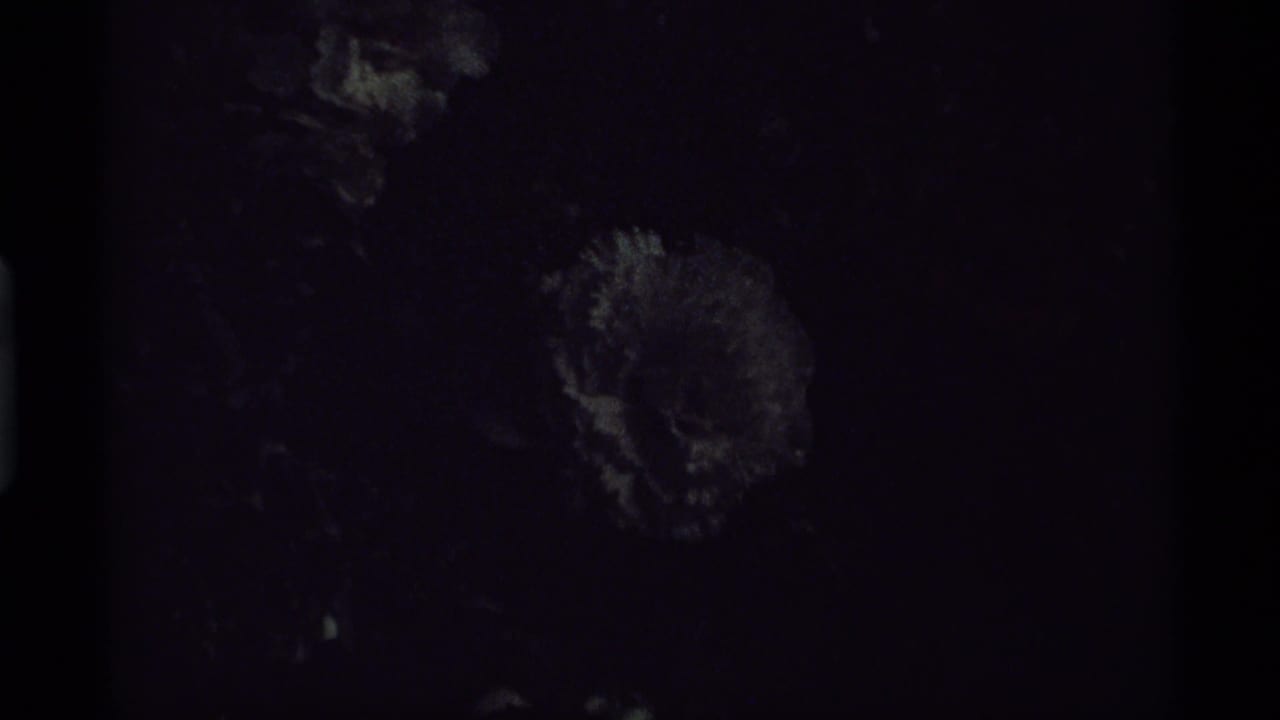 Dark underexposed frame with faint shapes and film gate edges.