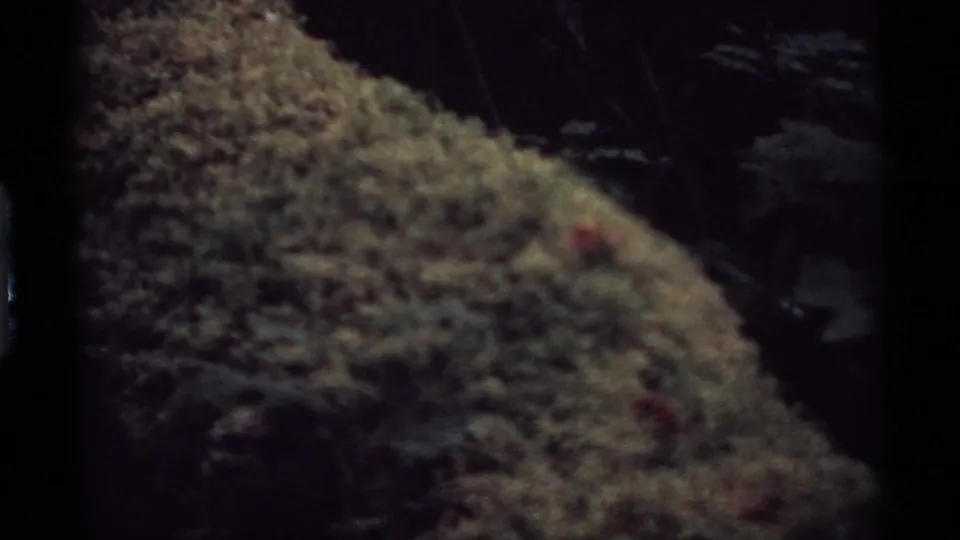 Archival 8mm view of textured coastal rock and shadowed water, consistent with the clip's Vancouver shoreline metadata.