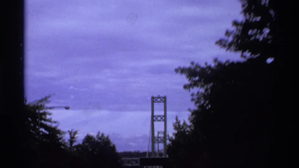 A second view of the Vancouver-area bridge tower, seen through trees with heavy 8mm frame edges and purple sky.