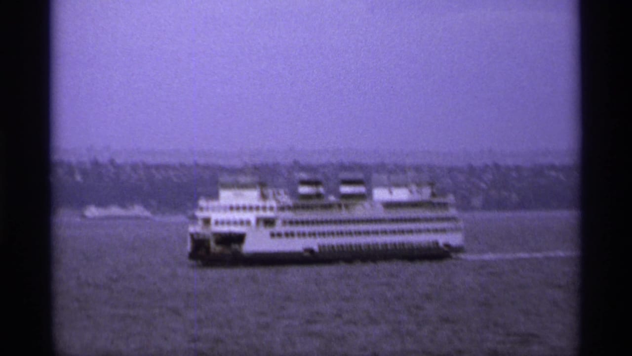 White ferry crossing open water with a distant shoreline behind it.