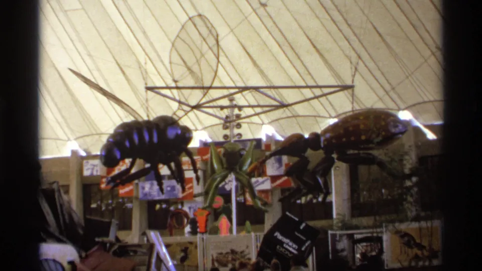 Oversized bee, ant, and spider-like sculptures hang from a tented pavilion ceiling above exhibit signs and visitors below.