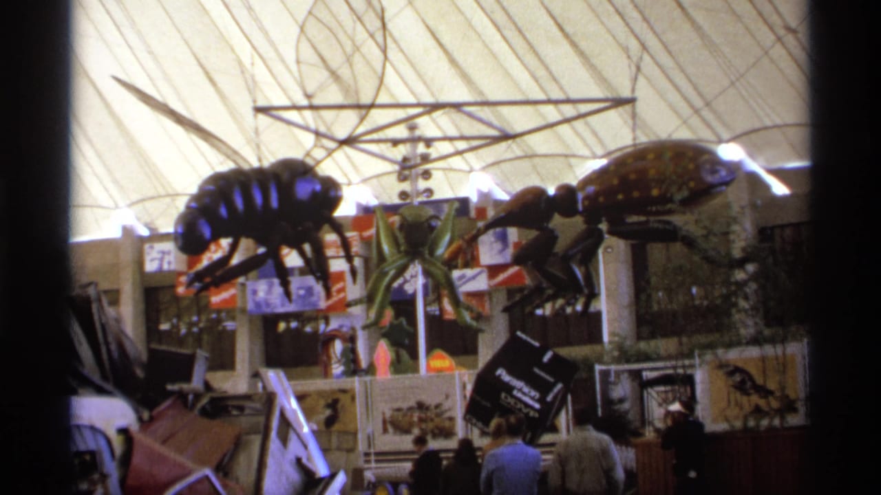 Indoor fair display with oversized insect models, signage, and visitors beneath a bright roof.