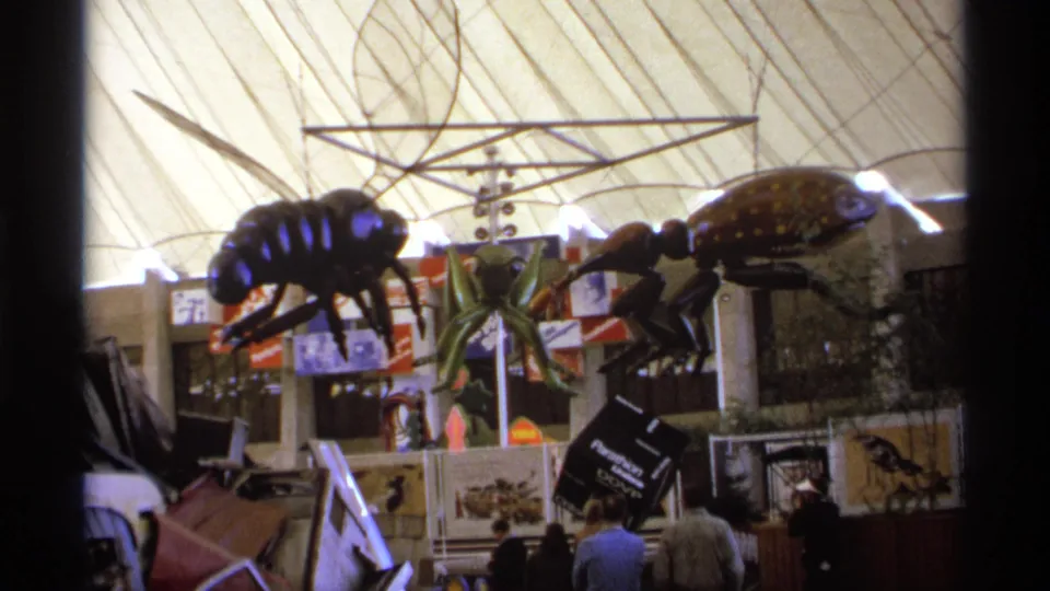 1974 8mm frame showing a fairground or science exhibit area with large insect models, signs, visitors, and bright overhead structure.