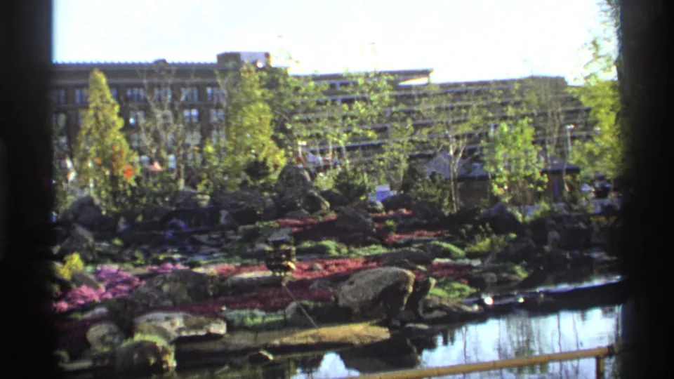 1974 8mm view of a landscaped water garden with boulders, flower beds, young trees, and buildings in the background.
