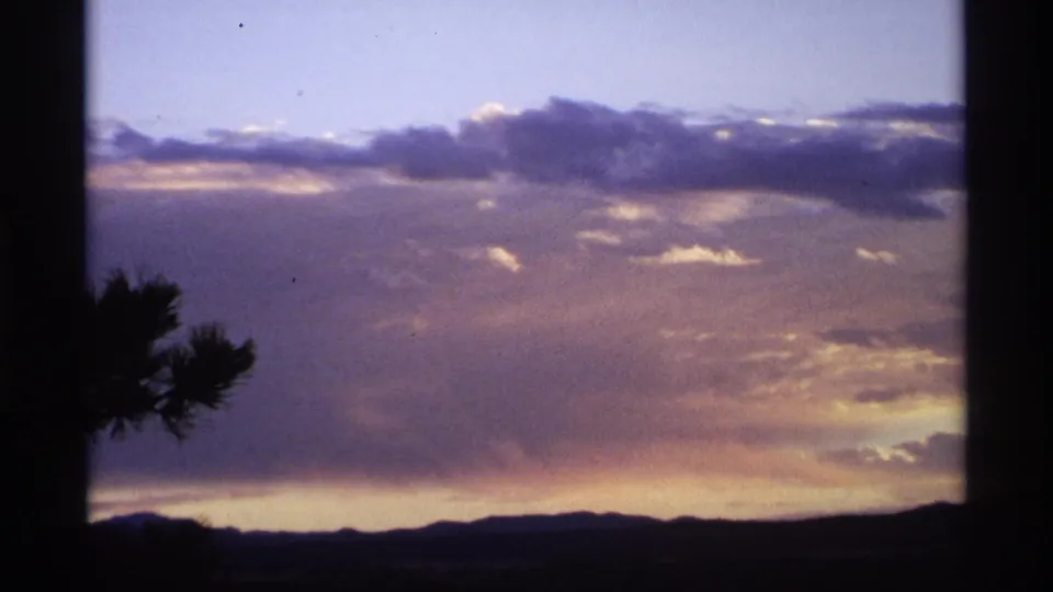 Cloud layers and warm sunset color spread over a low dark horizon, with a small silhouetted tree shape near the lower left edge.